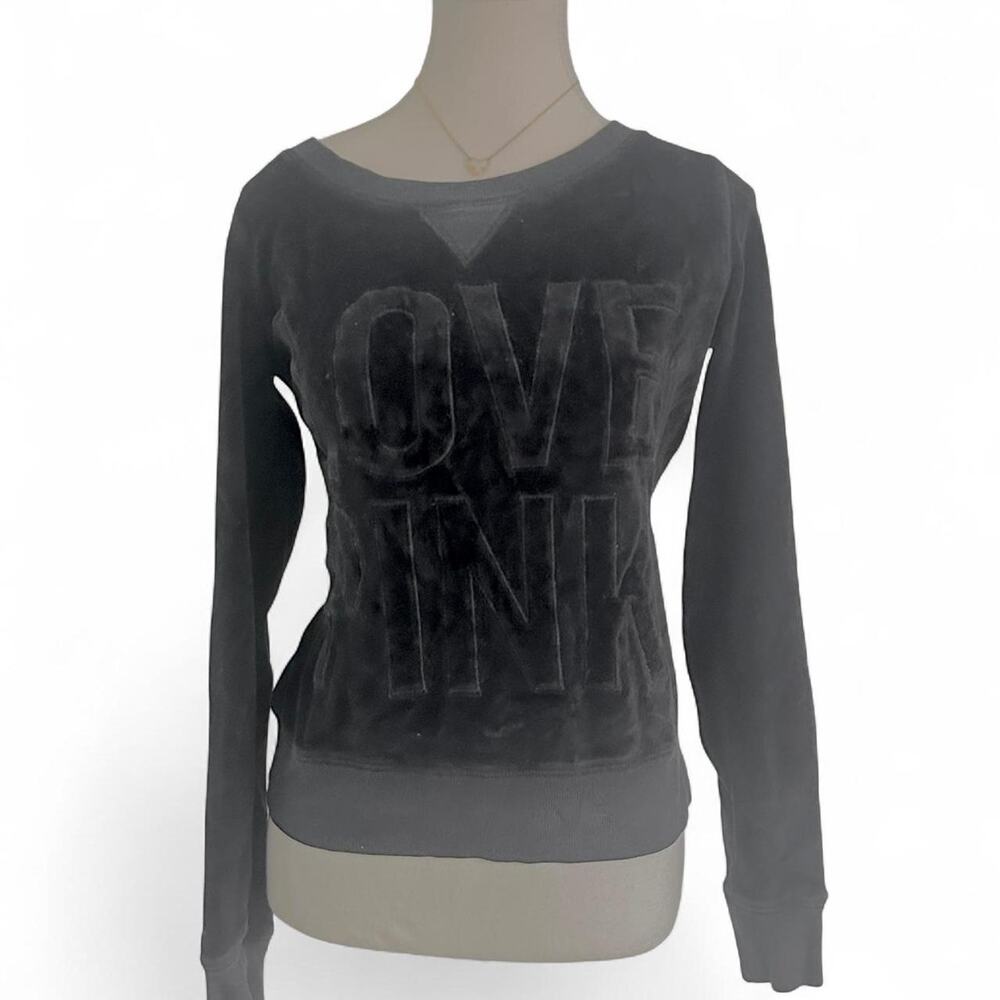 LOVE PINK Black Sweatshirt Super Light Weight Velour Embroidered Logo